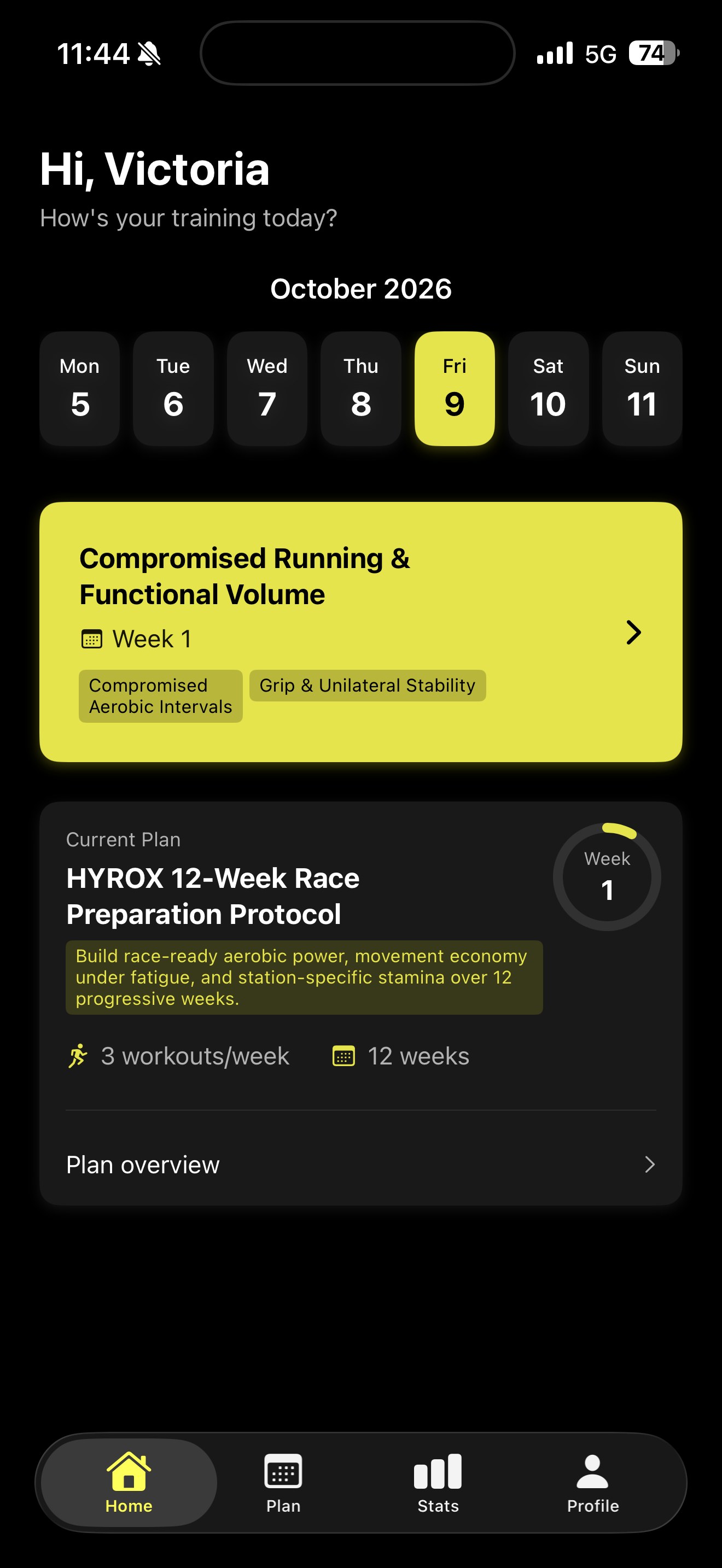 Hybrid Trainer home screen showing today's workout and the 12-week plan